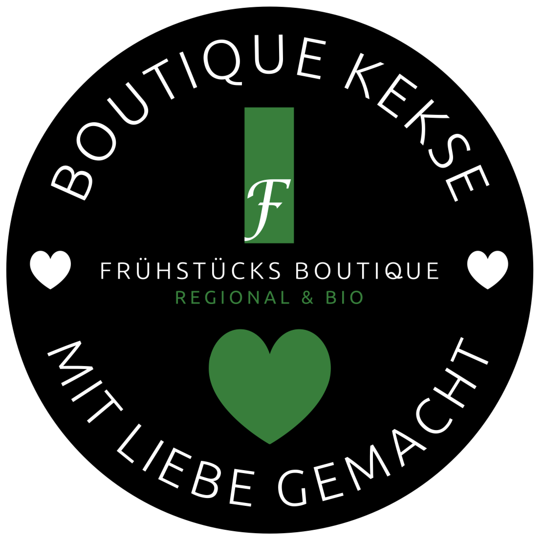 Schwarzes Kreisetikett, weißer Text "Boutique Kekse mit Liebe gemacht", grünes Herz und Balken.