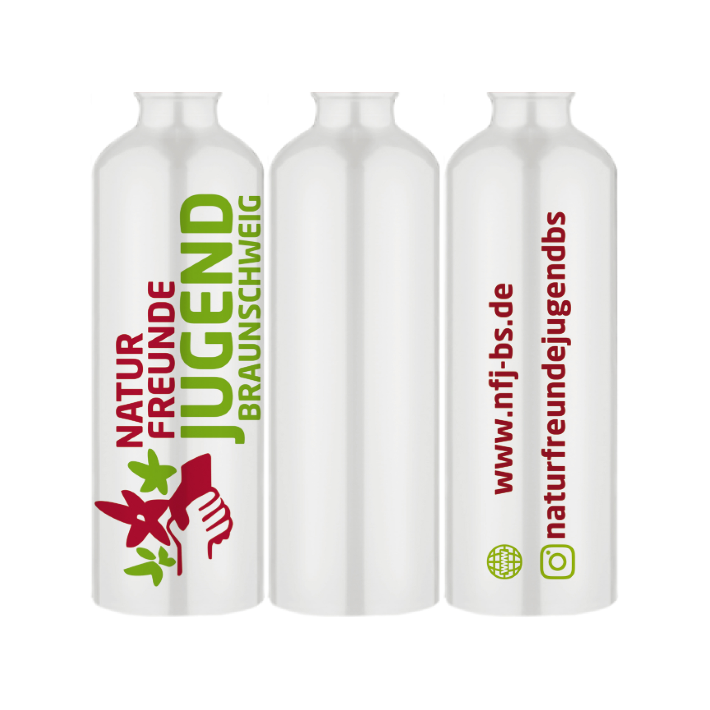 Drei weiße Flaschen mit Logo der NaturFreundeJugend Braunschweig und Webadressen in Rot und Grün.