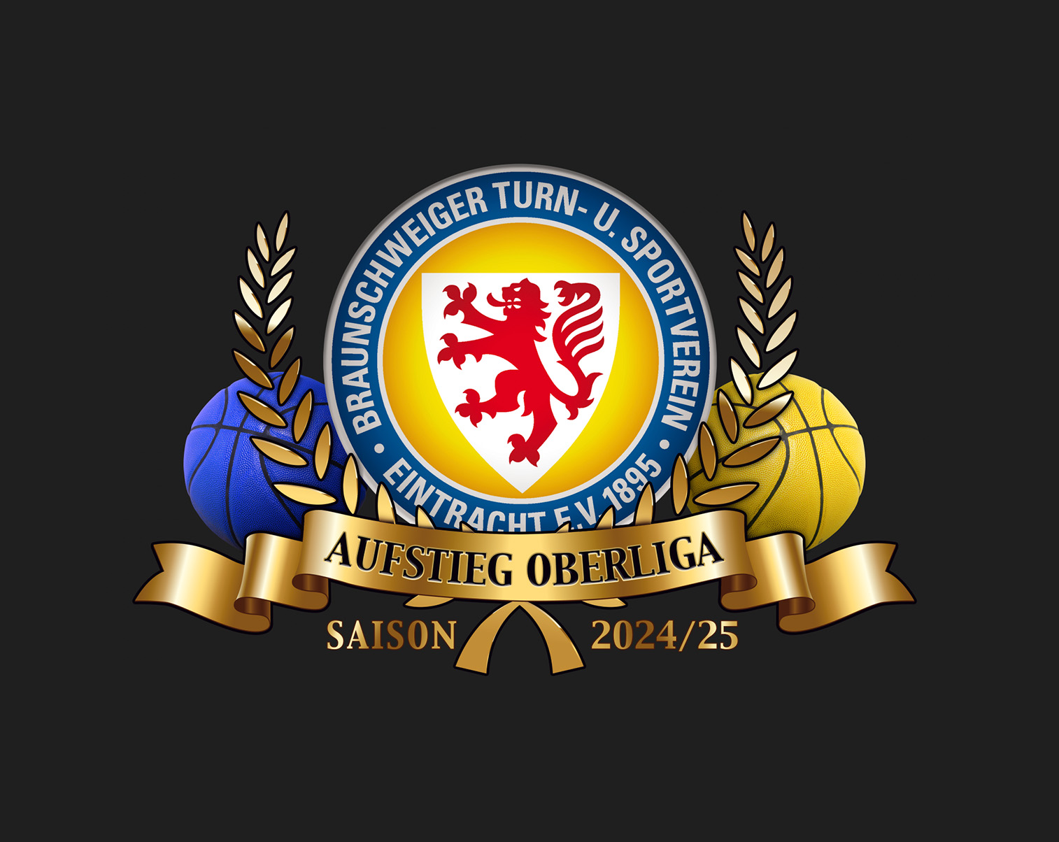 Logo eines Sportvereins mit rotem Löwen-Abzeichen, gelben und blauen Bällen, goldenen Lorbeeren.