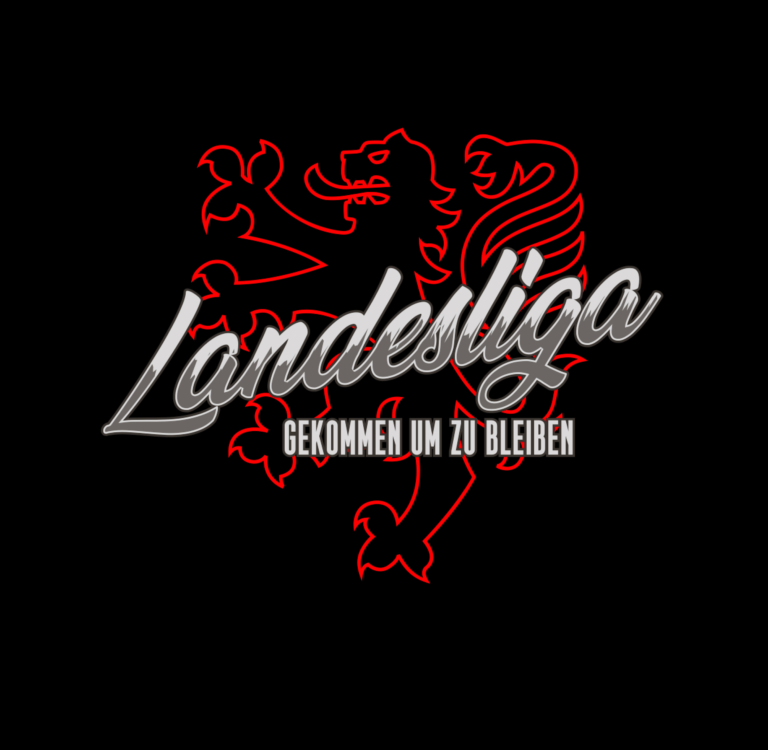 Roter Löwe im Hintergrund mit silbernem Schriftzug Landesliga und weißem Text darunter