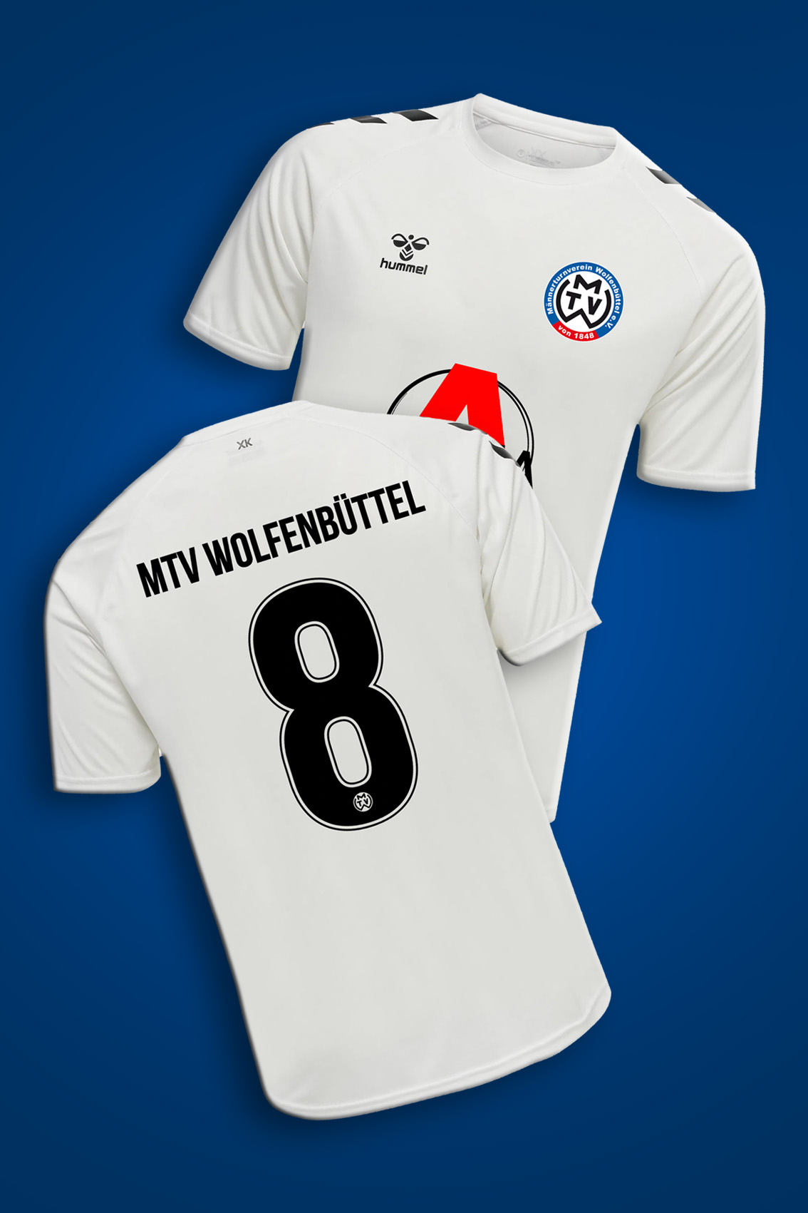 Zwei weiße Fußballtrikots mit schwarzen Details und großem Aufdruck MTV Wolfenbüttel