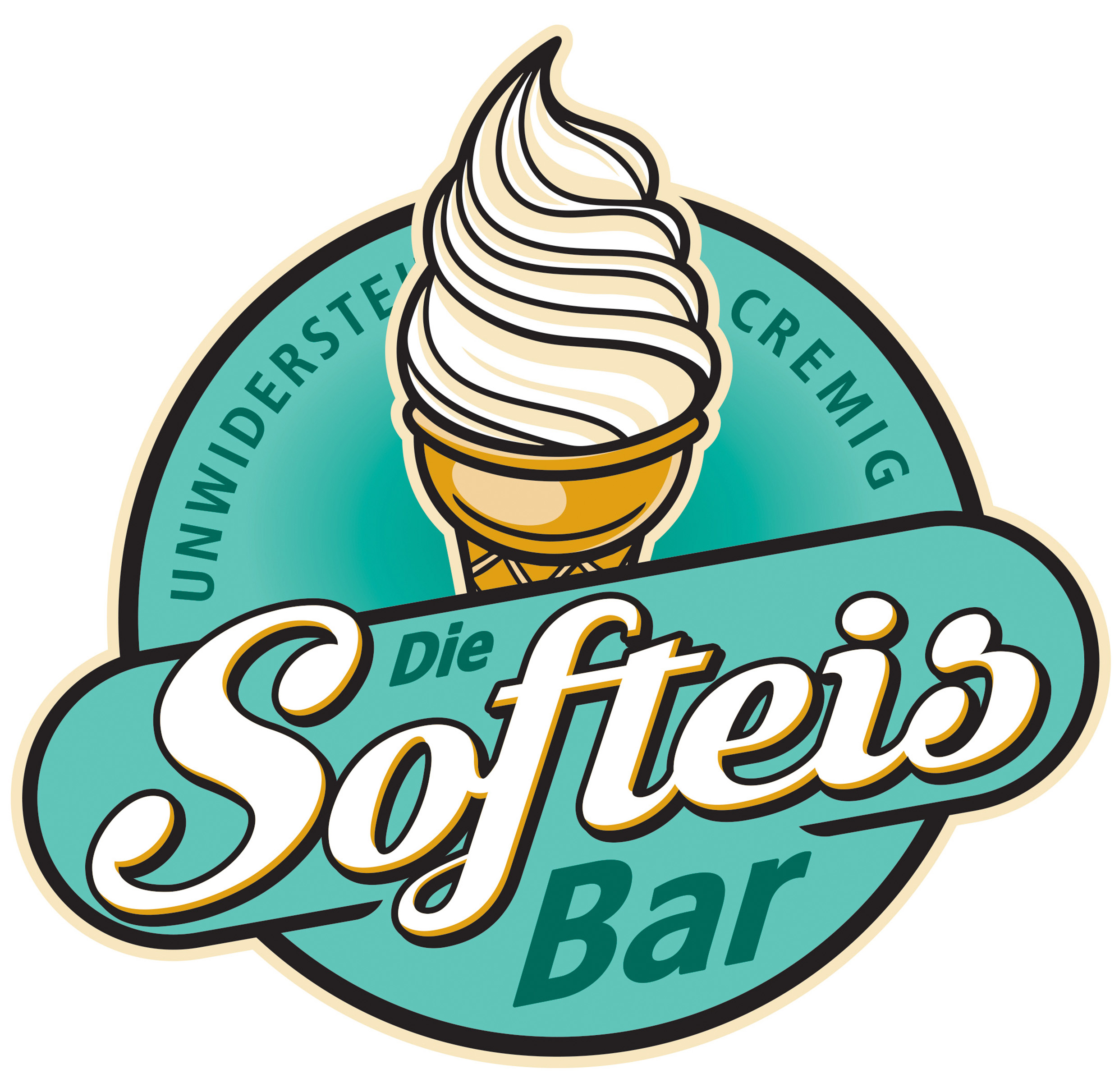Ein grafisch gestaltetes Logo mit Softeis in einer Waffel und Schrift in Türkis und Creme