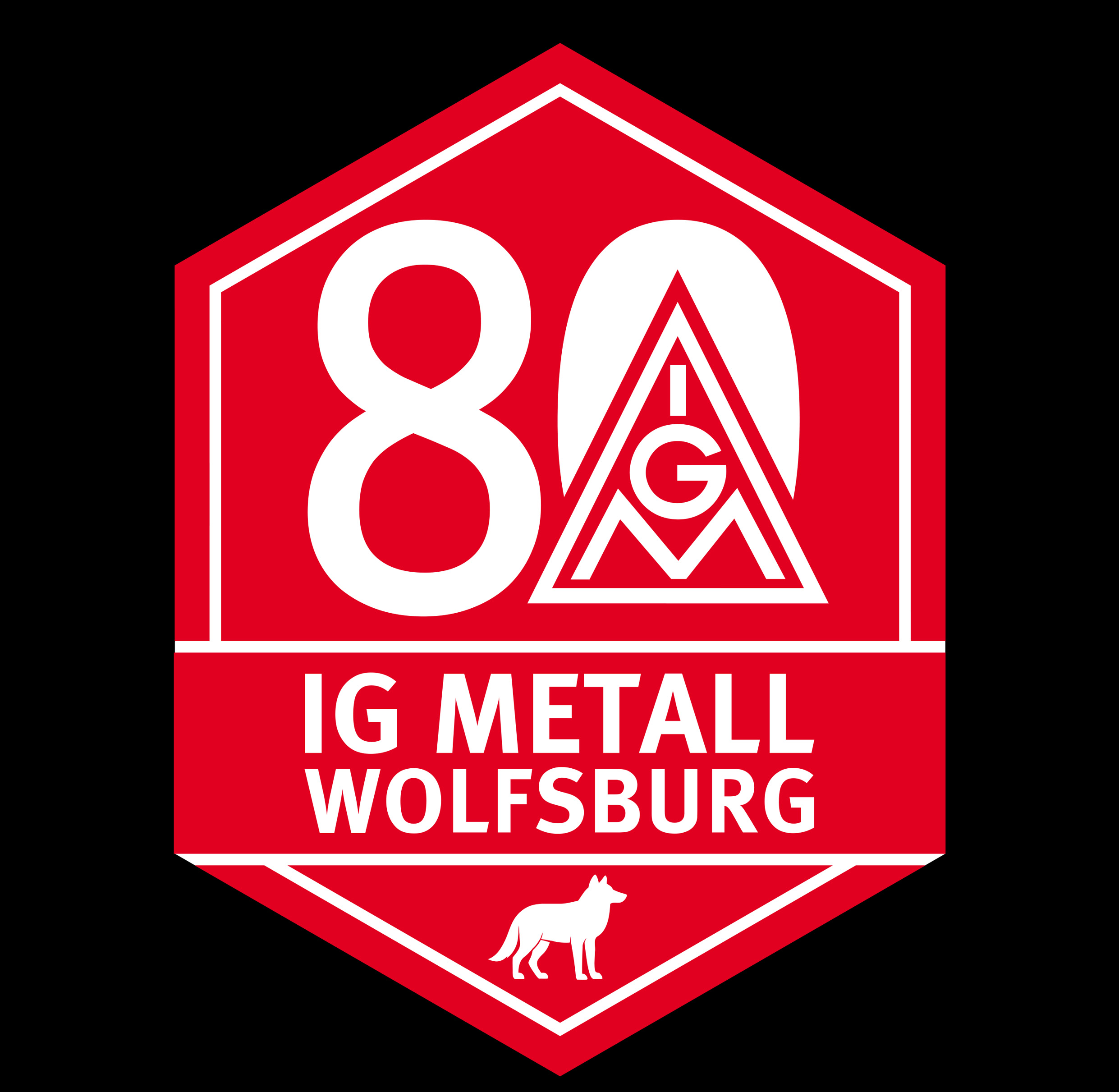 Rotes Logo zum 80 Jubiläum von IG Metall Wolfsburg mit Wolfssilhouette und weißer Schrift