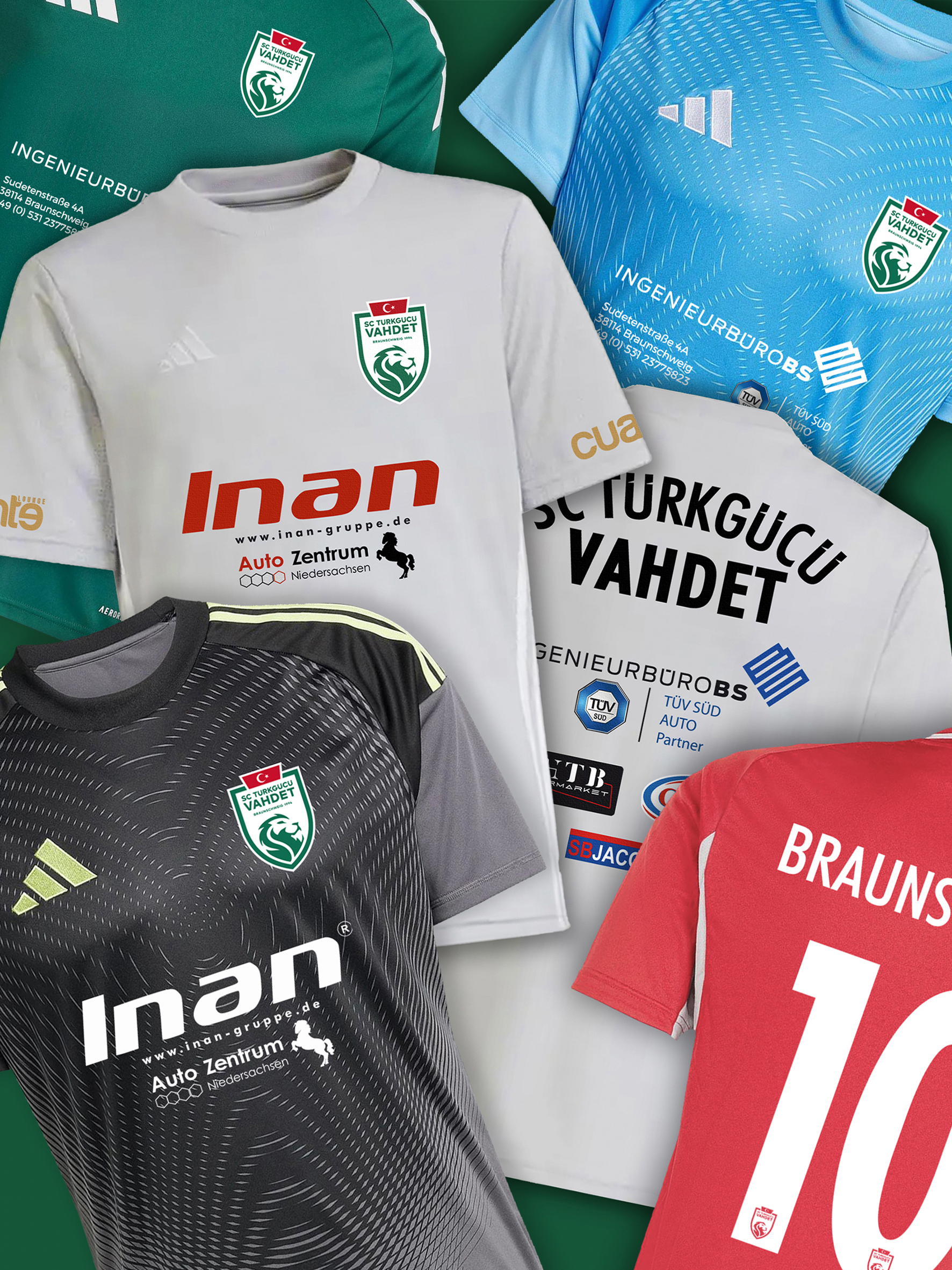 Verschiedene bunte Fußballtrikots mit Logos und Aufdrucken liegen überlappend nebeneinander